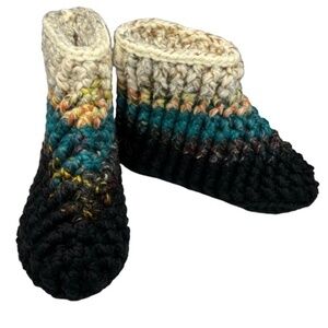 Handcrafted Crochet Winter Slipper Booties Wool Blend Yarn Ribbed Stretch Warm